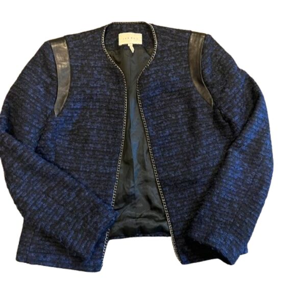 Sandro Paris Wool & Leather Blue Marine Black Knit Jacket w/ Chain Size 36 /US 4 - Picture 7 of 8